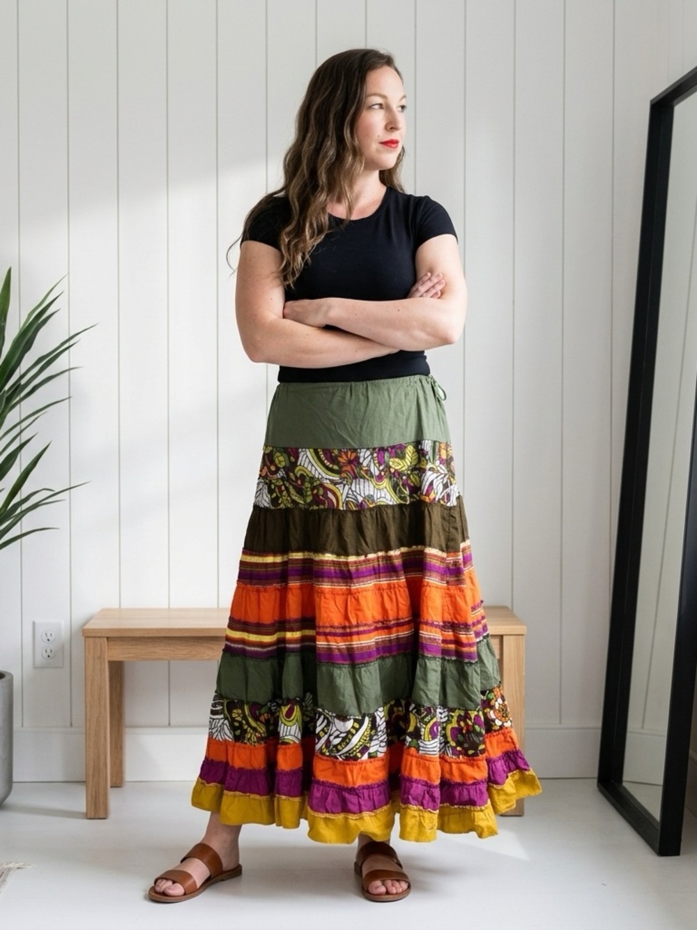 Pura Vida Olive Green Multicolor Tiered A-Line Maxi Skirt
